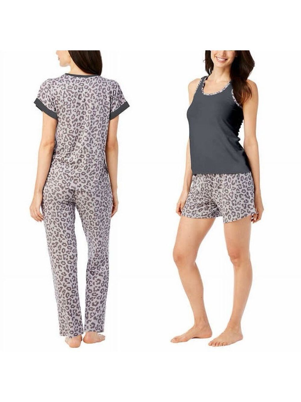 Lucky Brand Three Piece Pajama Set Women Small Gray Leopard